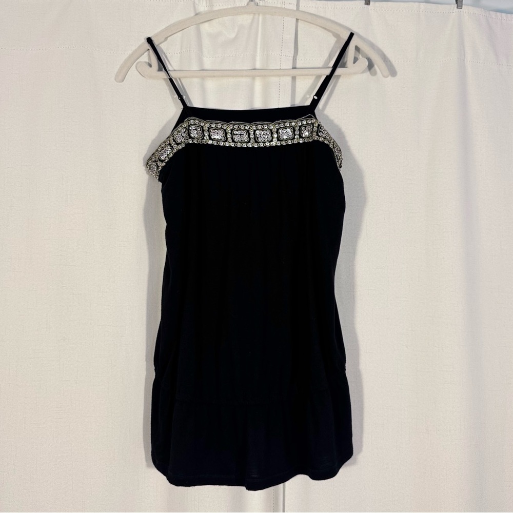 Y2K Black Beaded Embellished Tank Drop Waist Cinched Hem